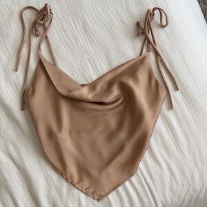 Audrey 3+1 Neutral Taupe Tie-Shoulder Cowl Crop Top